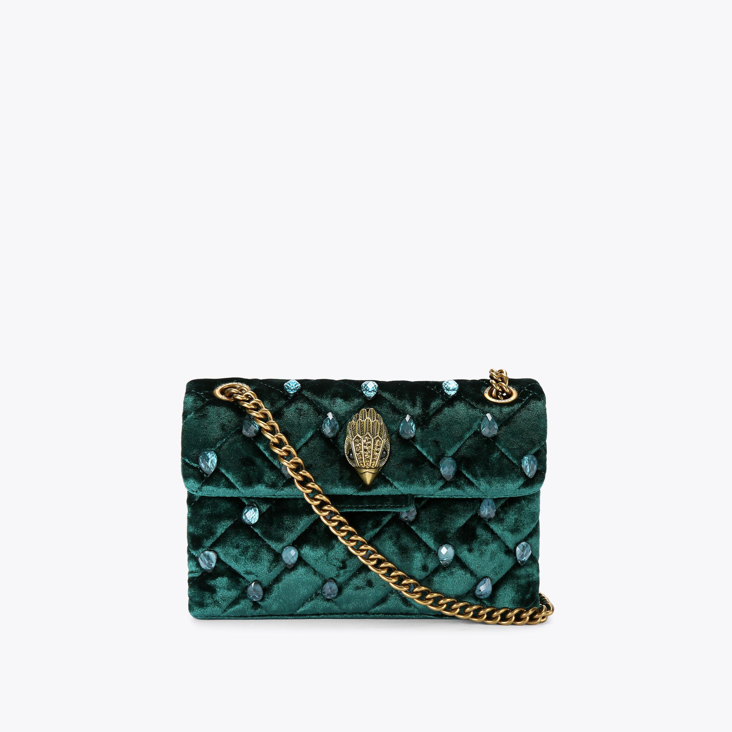 MINI KENSINGTON CRYSTALS Dark Green Velvet Cross Body Bag by KURT