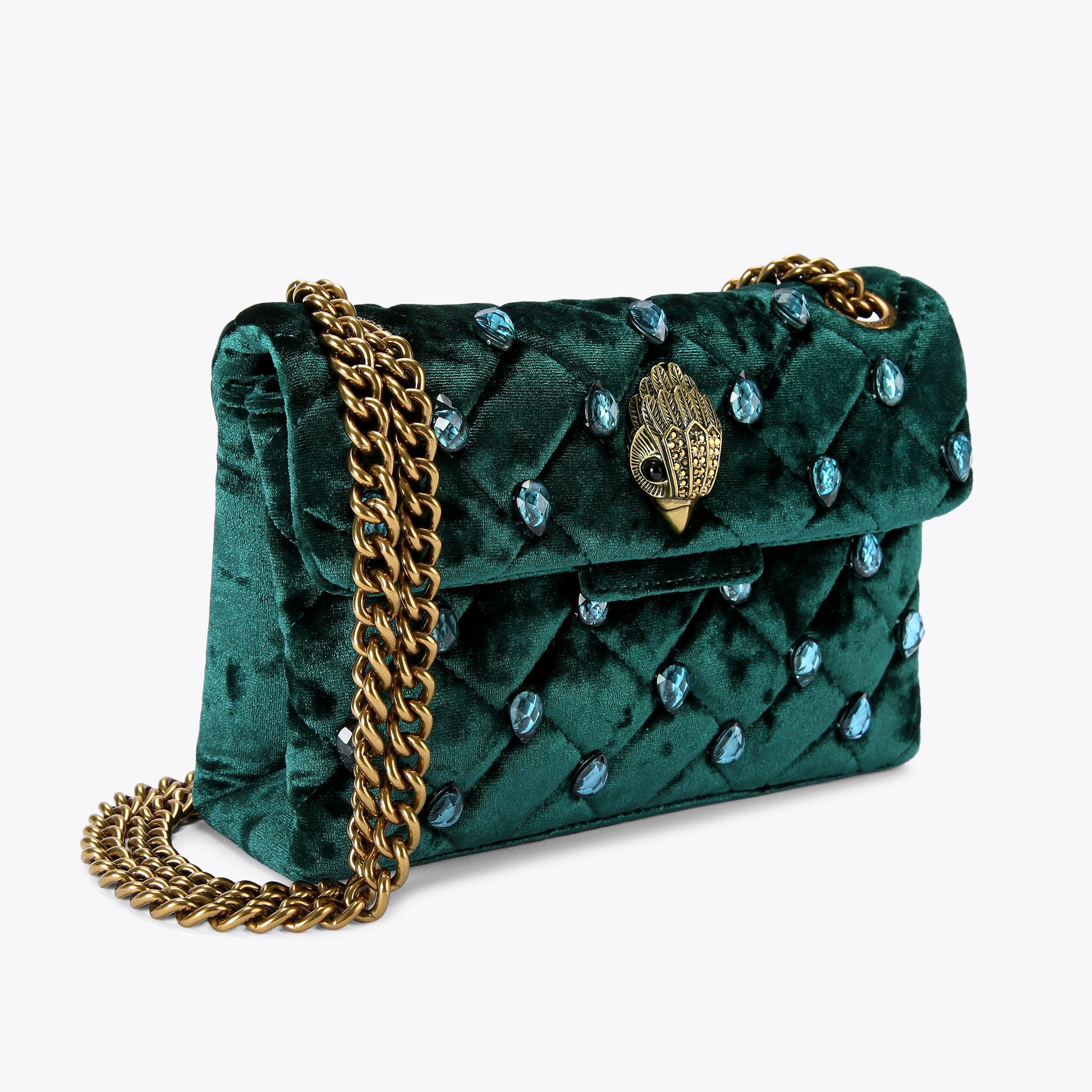 MINI KENSINGTON CRYSTALS Dark Green Velvet Cross Body Bag by KURT GEIGER LONDON