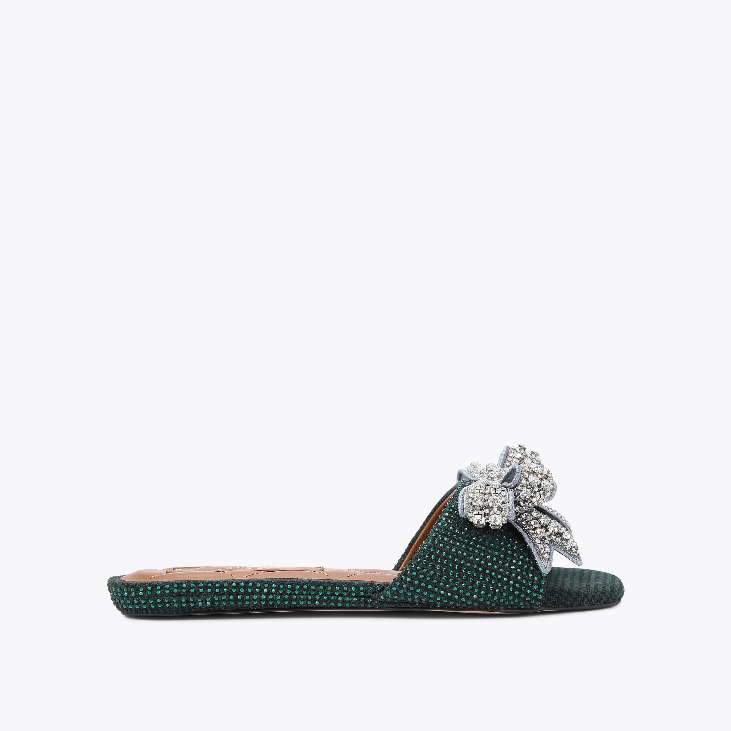 KENSINGTON BOW FLAT SDL Dark Green Slip On Sandals by KURT GEIGER LONDON