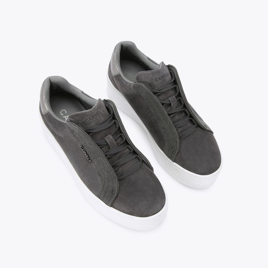 CONNECTED EMBELISHED Grey Suede Slip On Trainers by CARVELA