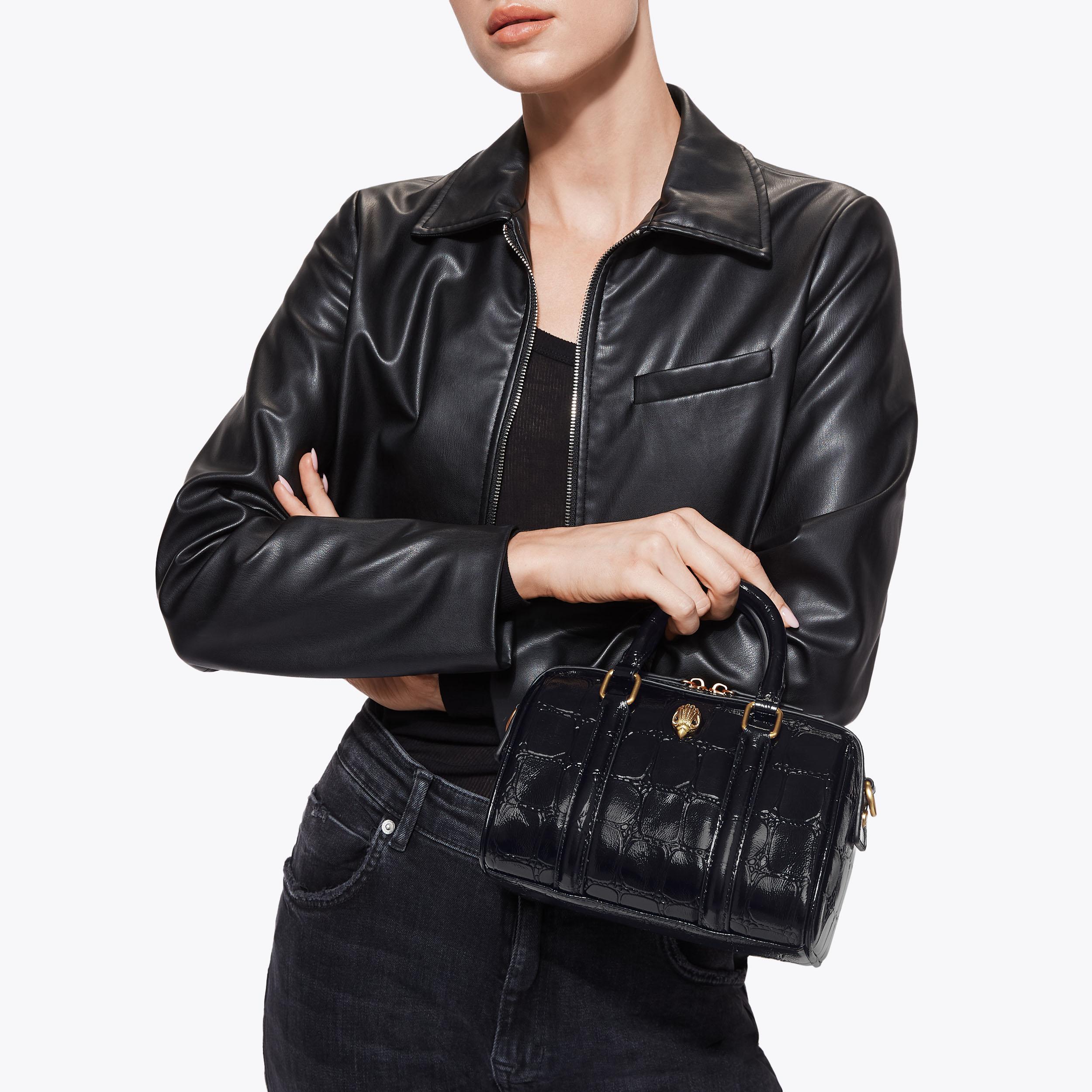 KENSINGTON SM BOSTON Black Croc Print Bowling Bag by KURT GEIGER LONDON