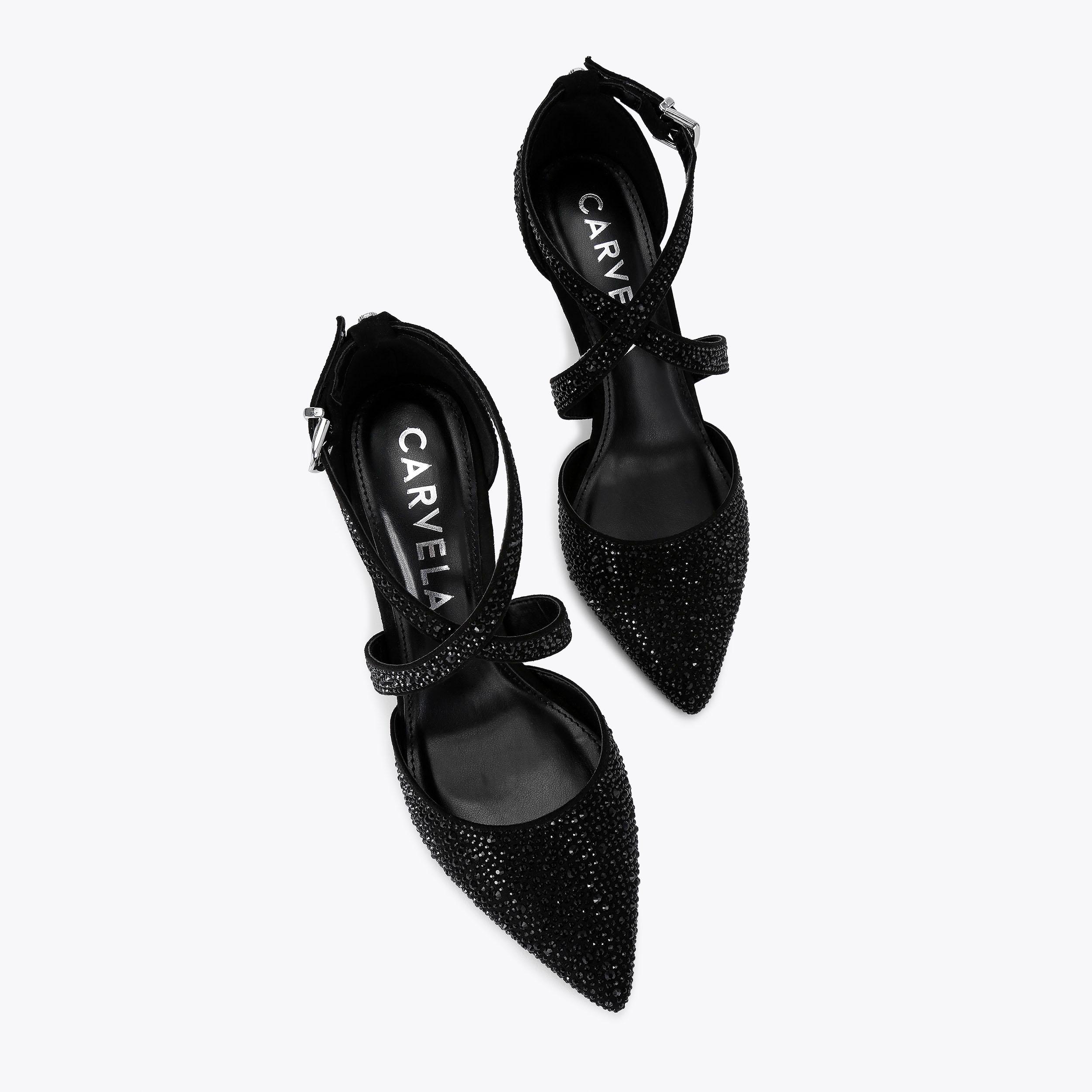 KROSS JEWEL Black Embellished Cross Strap Courts by CARVELA