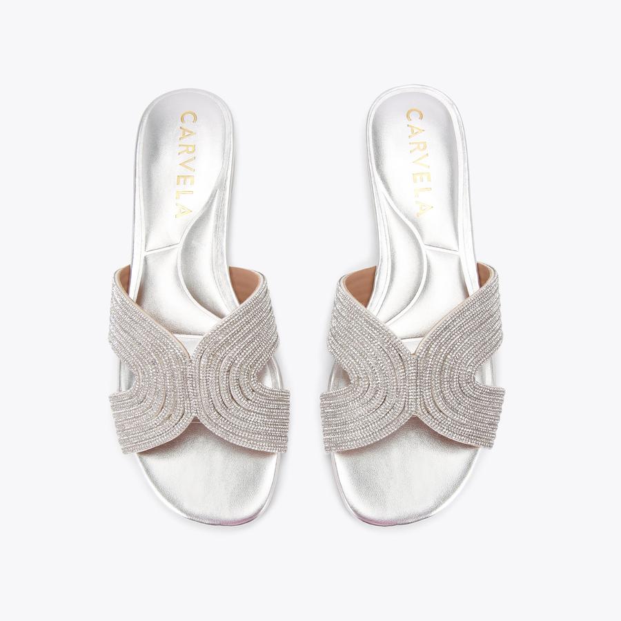 GALA MULE JEWEL Silver Crystal Slip On Sandals by CARVELA