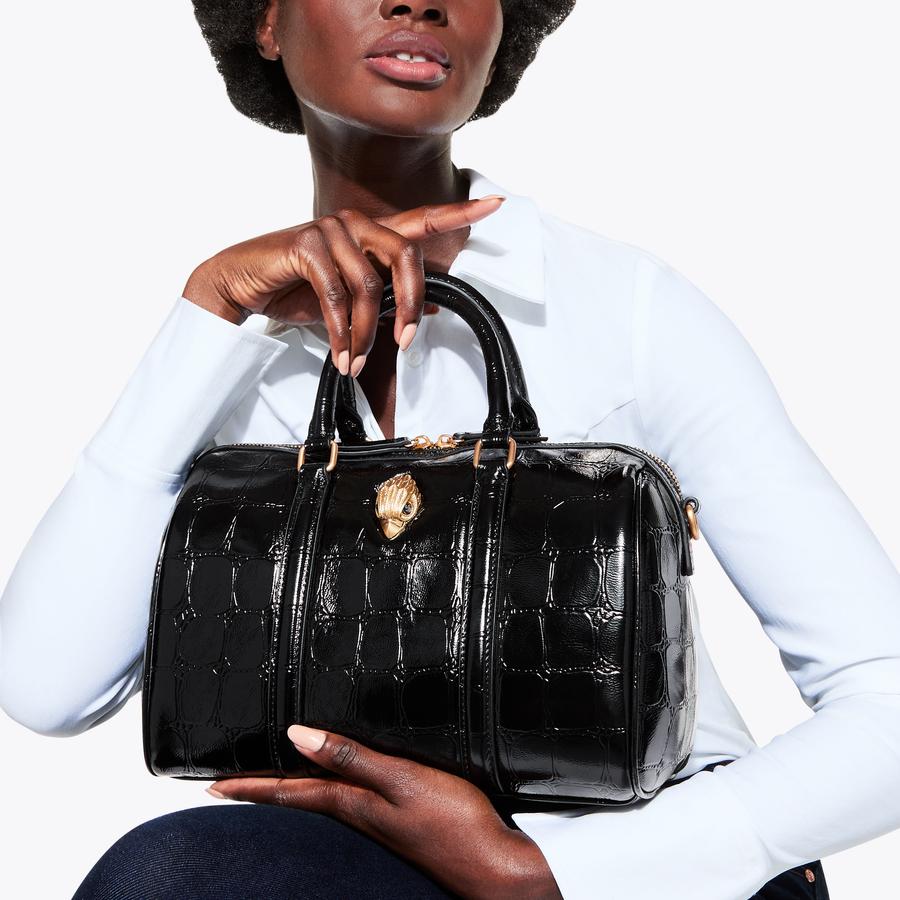 KENSINGTON BOSTON Black Leather Croc Print Bag by KURT GEIGER LONDON