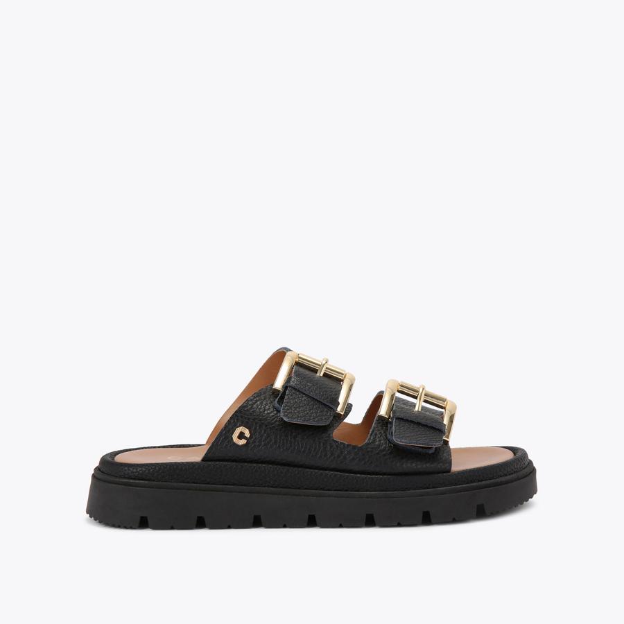 サンダル・ミュール Carven Deep Black Sandals PAVILION Black Leather Sandal by CARVELA COMFORT