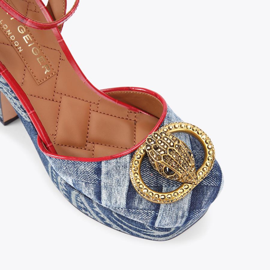CHELSEA CLOSED PLATFORM Blue Paisley Denim Maroon Croc Platform