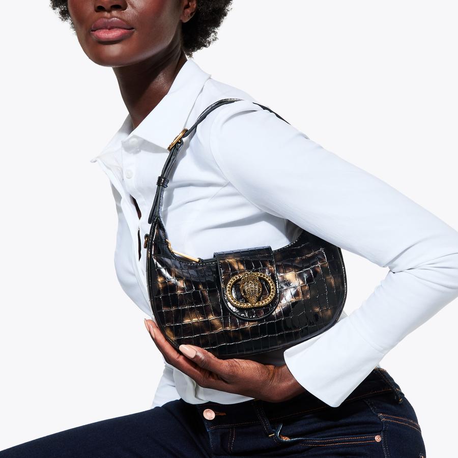 SM CHELSEA HOBO Black Gold Croc Shoulder Bag by KURT GEIGER LONDON