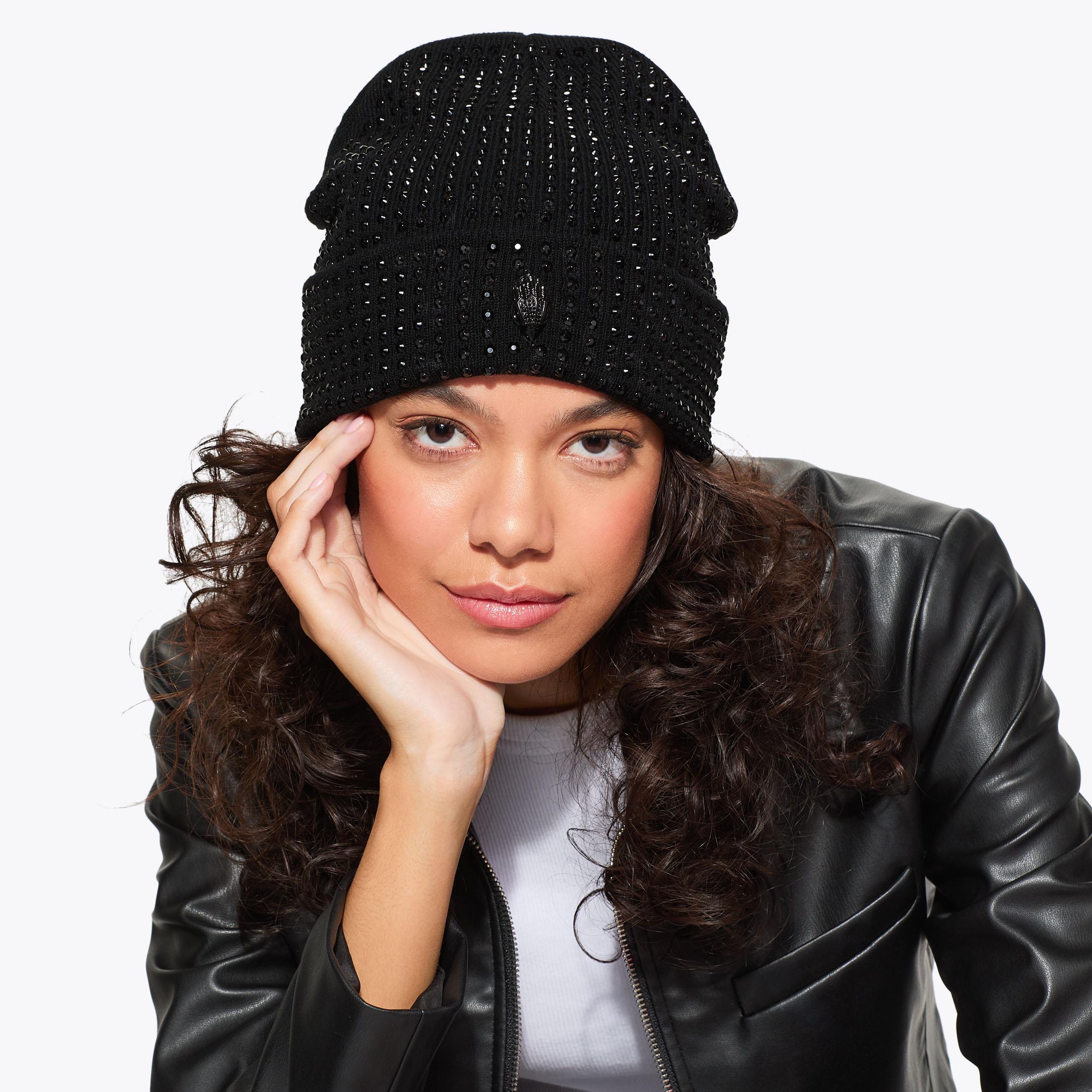 Just Geiger Elegant Cream Beanie with Eagle CRYSTAL EAGLE BEANIE Black Crystal Beanie Hat by KURT GEIGER  main image 2