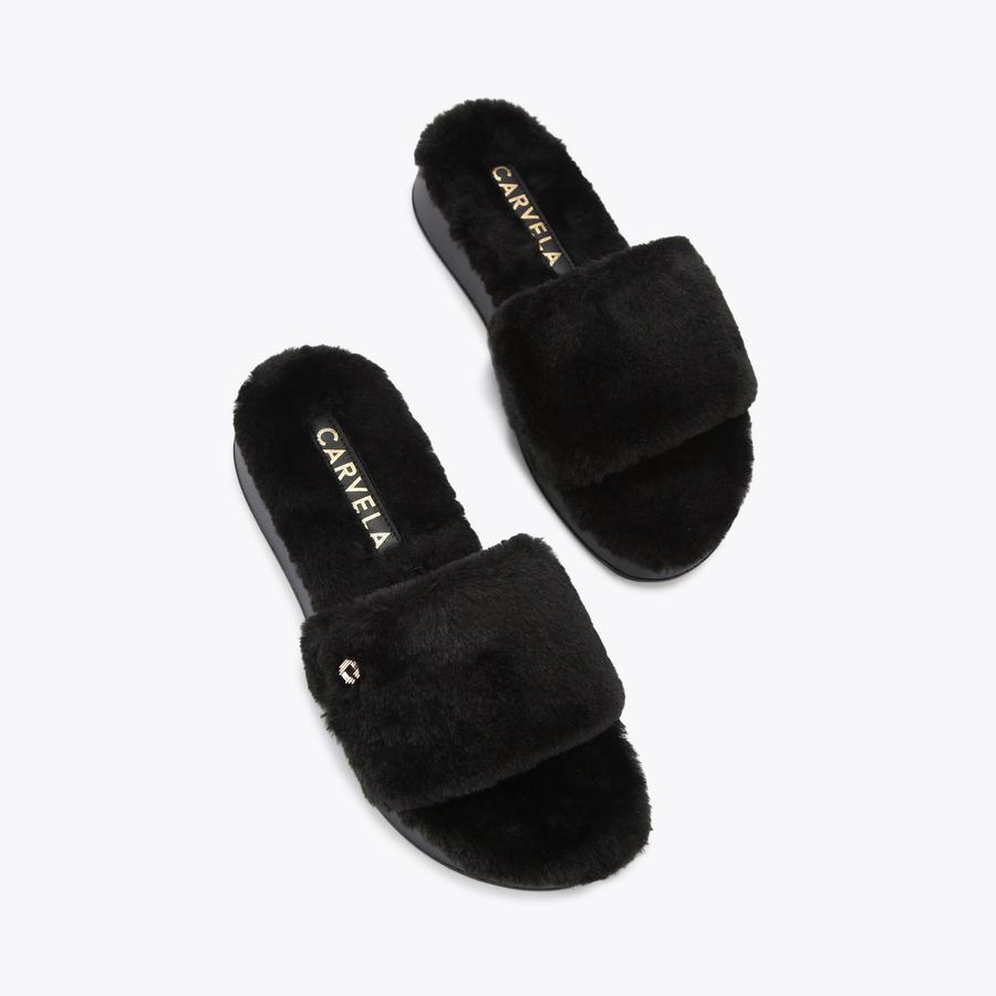 CLOUD COSY Black Faux Fur Slippers by CARVELA