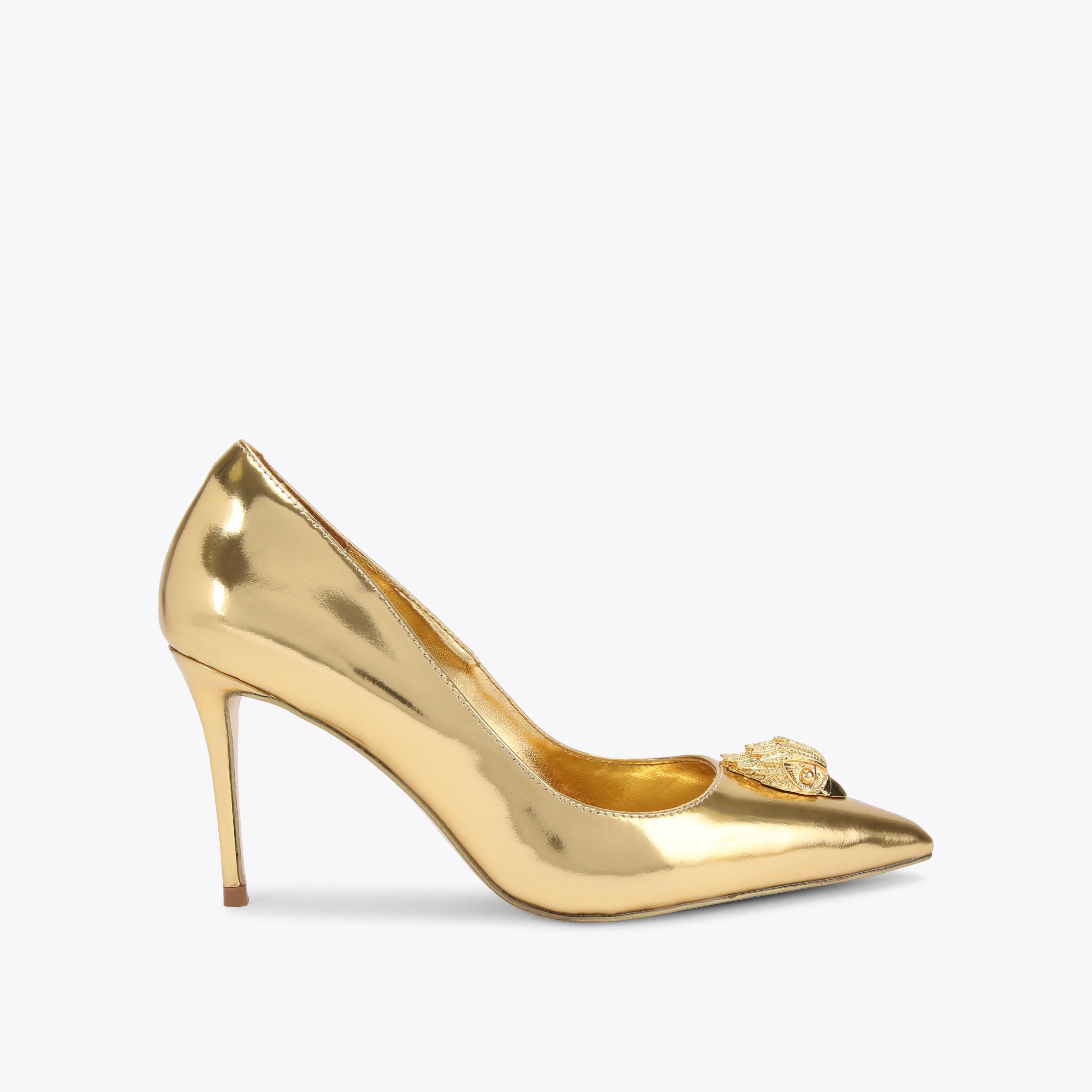 Gold peep toe shoes mid heel hotsell