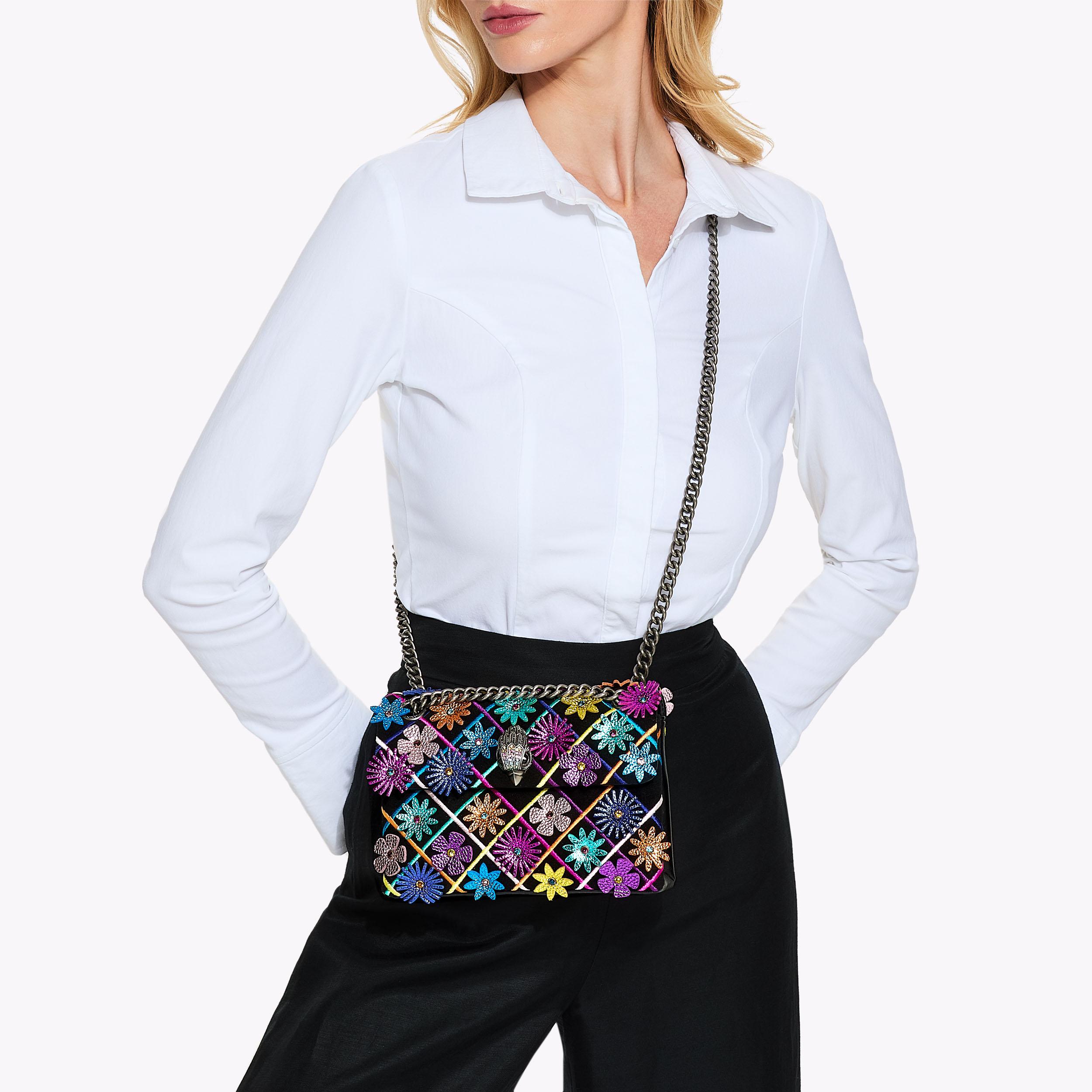 MINI KENSINGTON FLOWERS Black Suede Flower Mini Cross Body Bag by