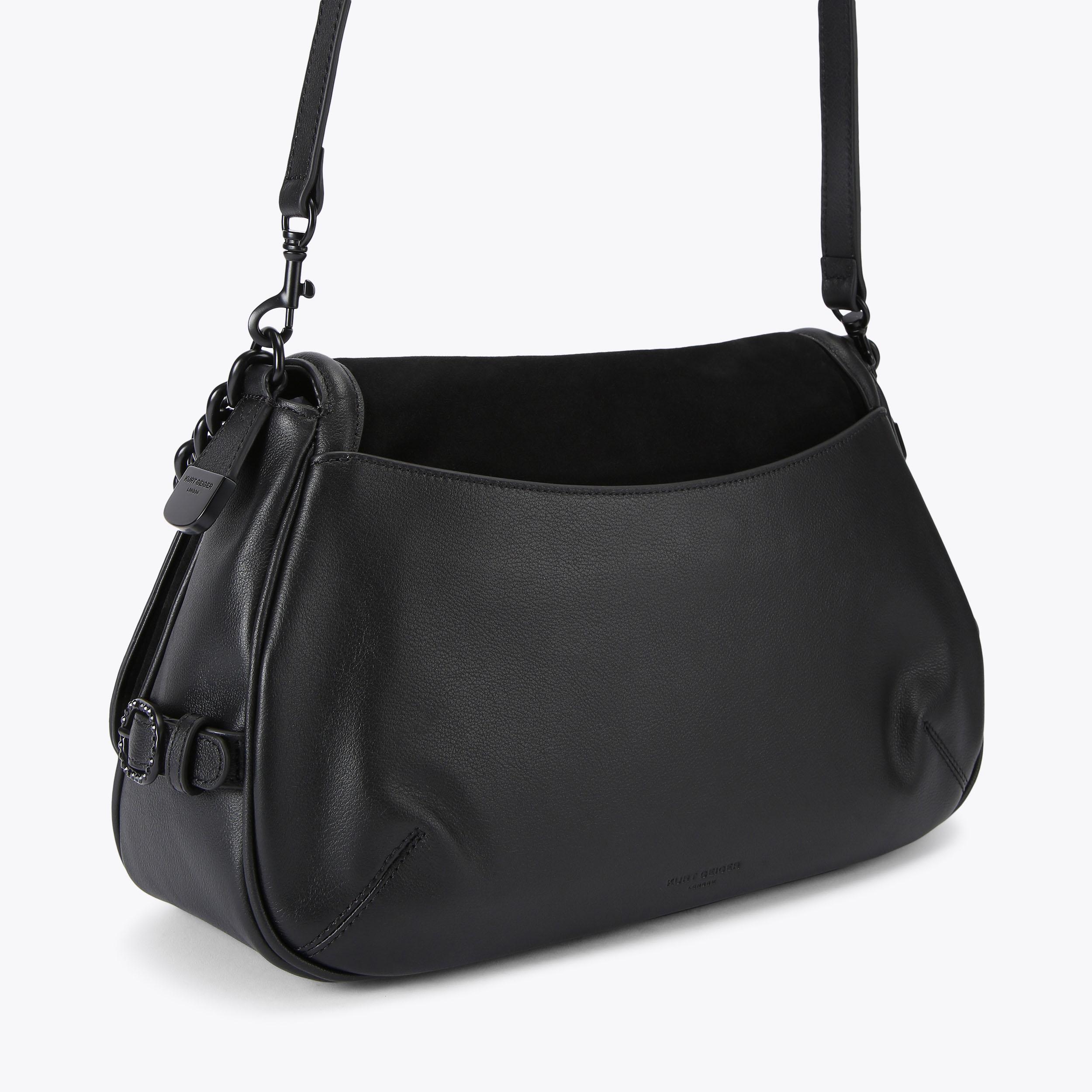 CHELSEA LG SOFT SADDLE DR Black Suede Shoulder Bag by KURT GEIGER