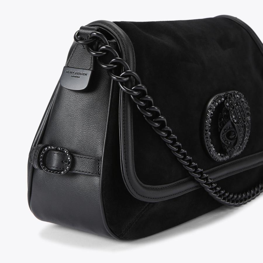 CHELSEA LG SOFT SADDLE DR Black Suede Shoulder Bag by KURT GEIGER