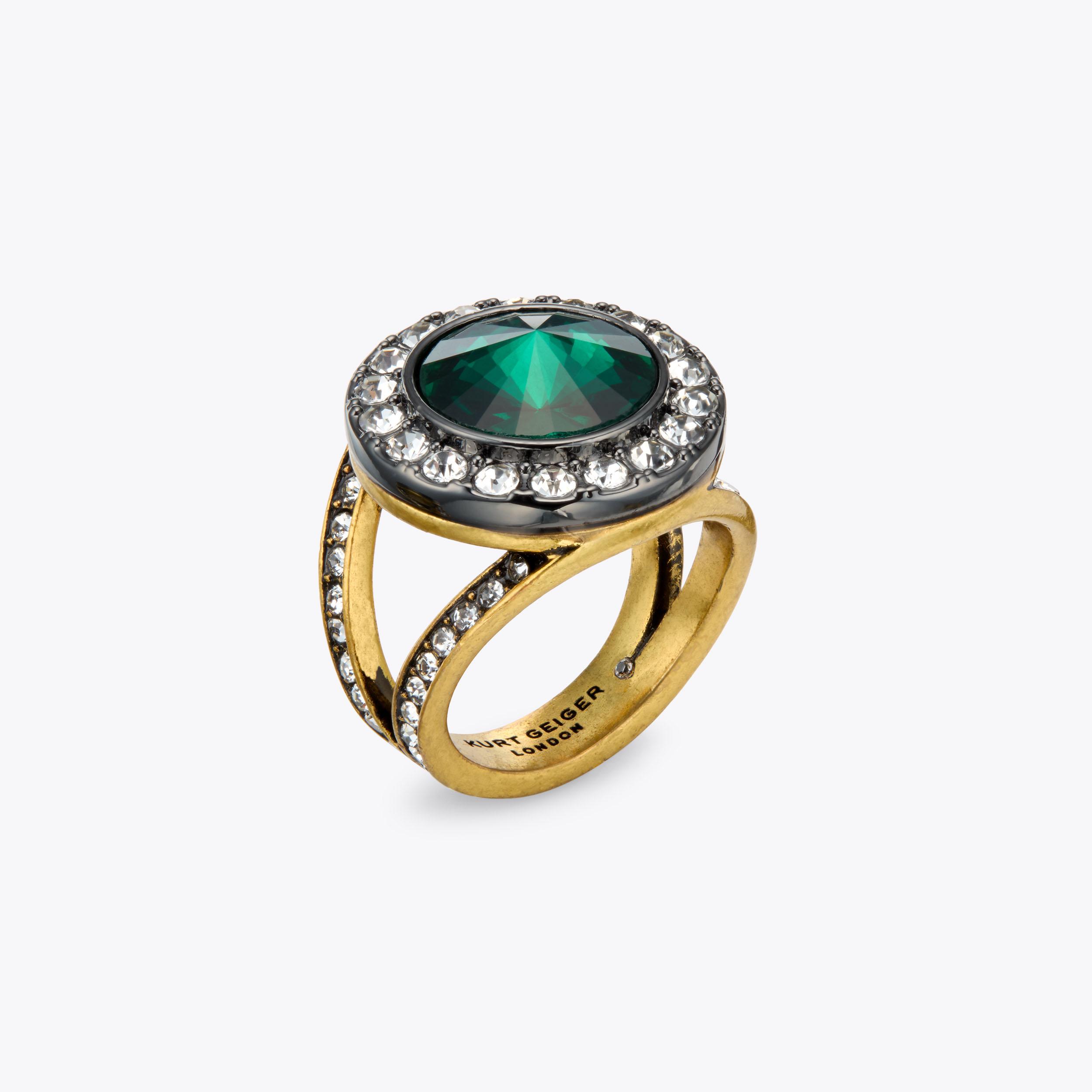 SM OCTAVIA RING Brass Green Crystal Ring by KURT GEIGER LONDON