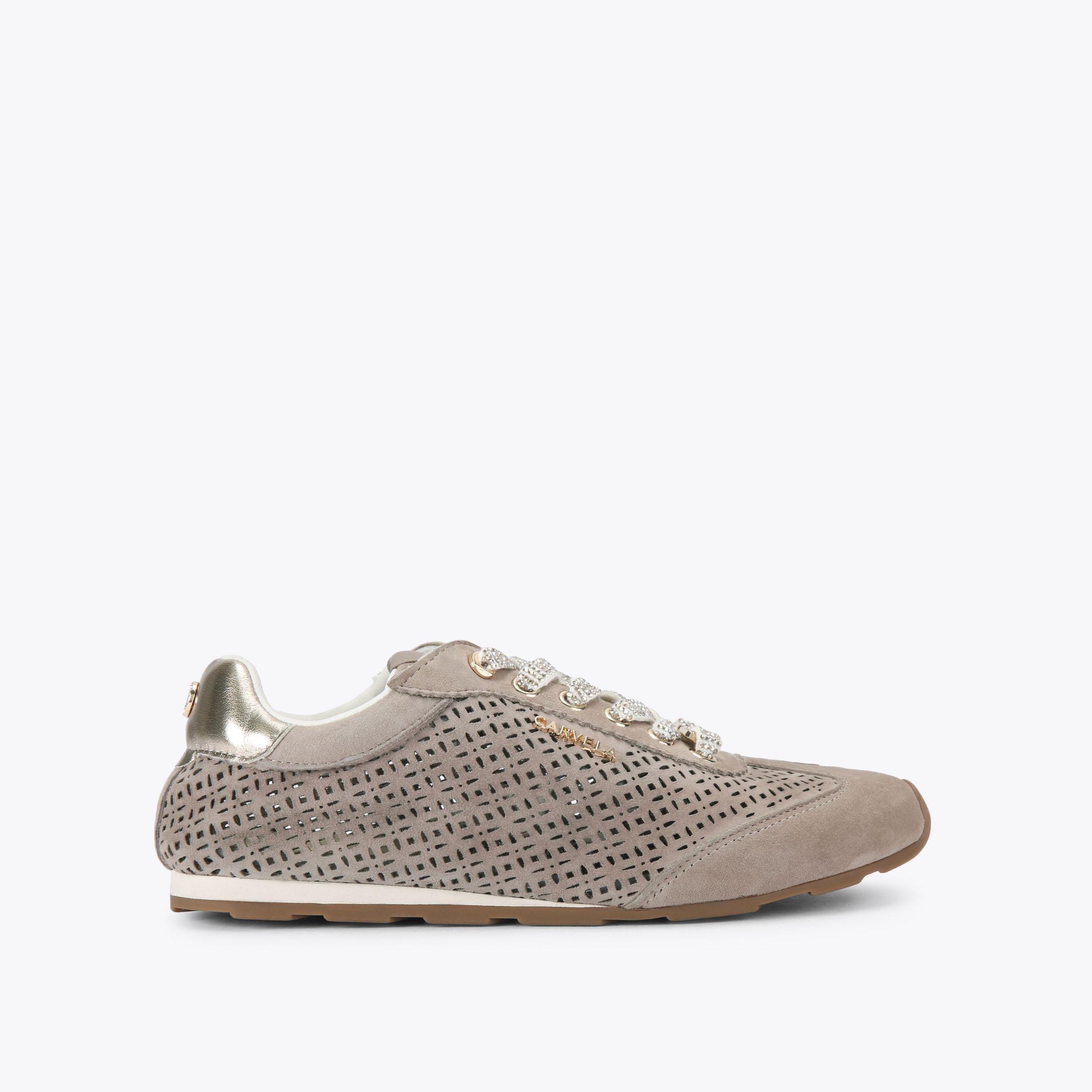 TIVOLI LASER SNEAKER Taupe Lace Up Crystal Sneaker by Carvela