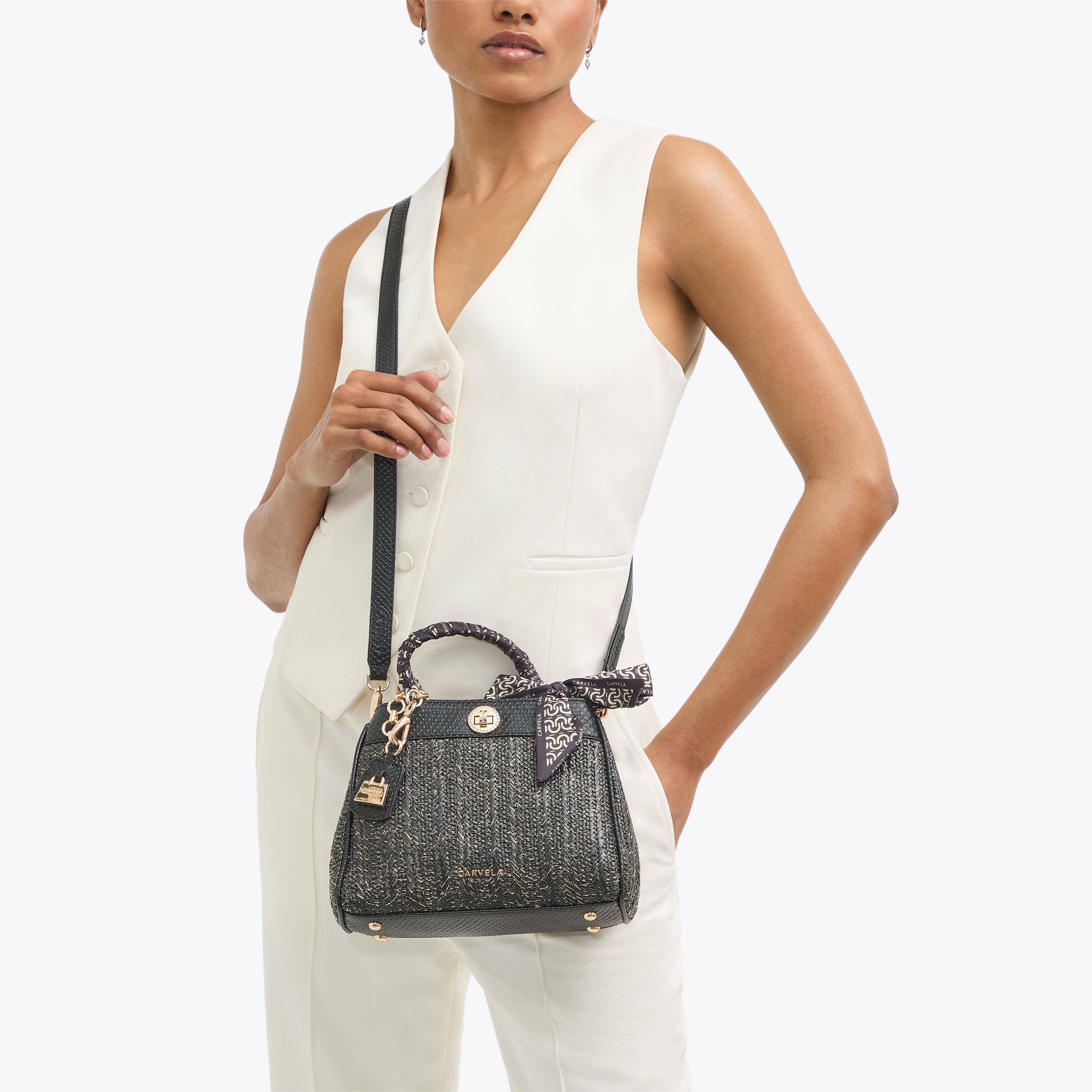 SORRENTO TOP HANDLE Black Metallic Gold Raffia Top Handle Bag by