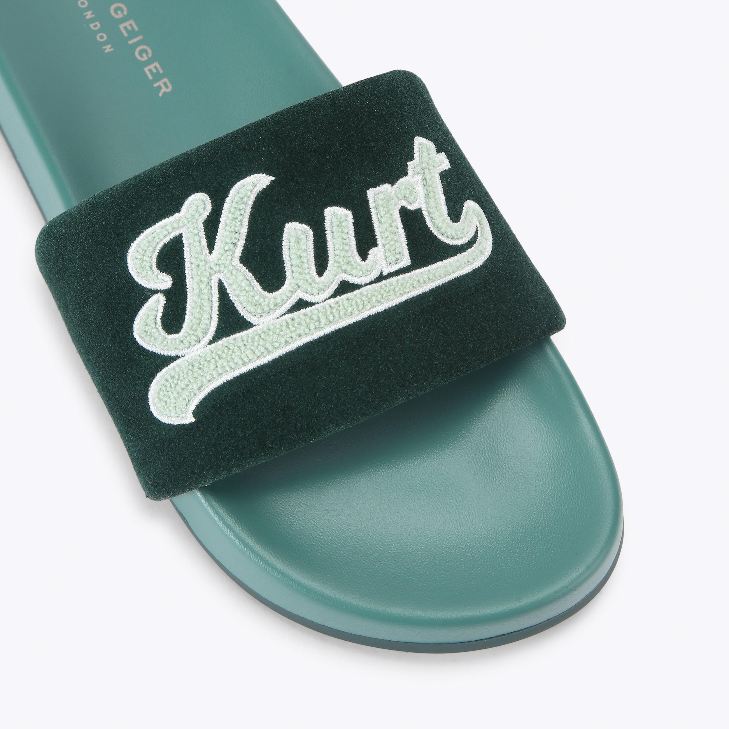 SCRIPT SLIDE Dark Green Slip On Sandals by Kurt Geiger London