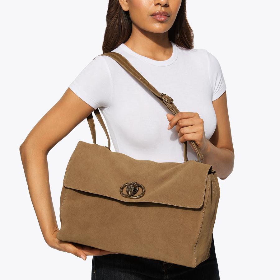Sideshow ヤングフランケンシュタイン アイゴール CHELSEA LG SLOUCH FLAP Tan Suede Shoulder Bag by Kurt Geiger London