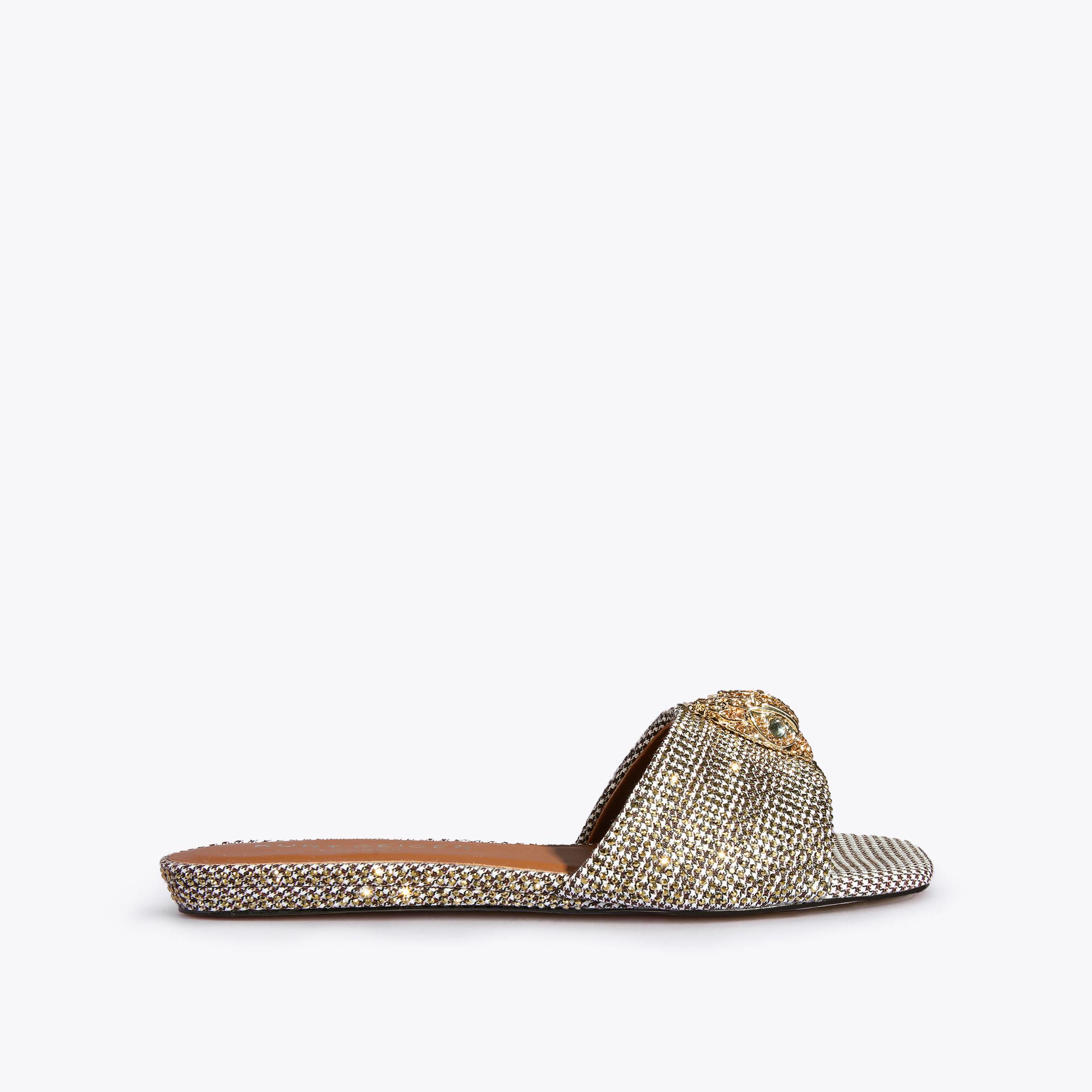 KENSINGTON FLAT SANDAL Beige Houndstooth Gem Sliders by KURT GEIGER LONDON