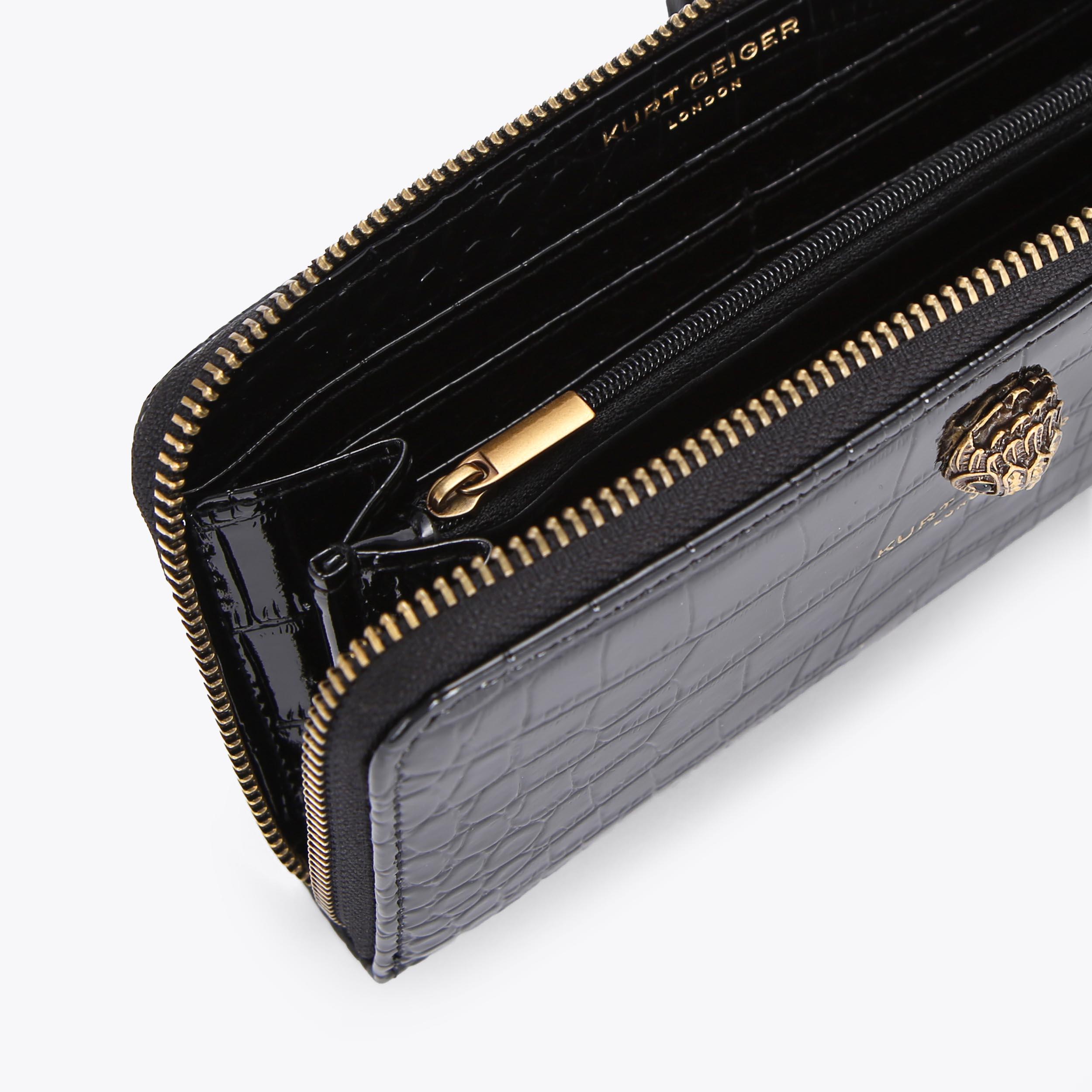 ZIP AROUND WALLET Black Croc Embossed Leather Zip Around