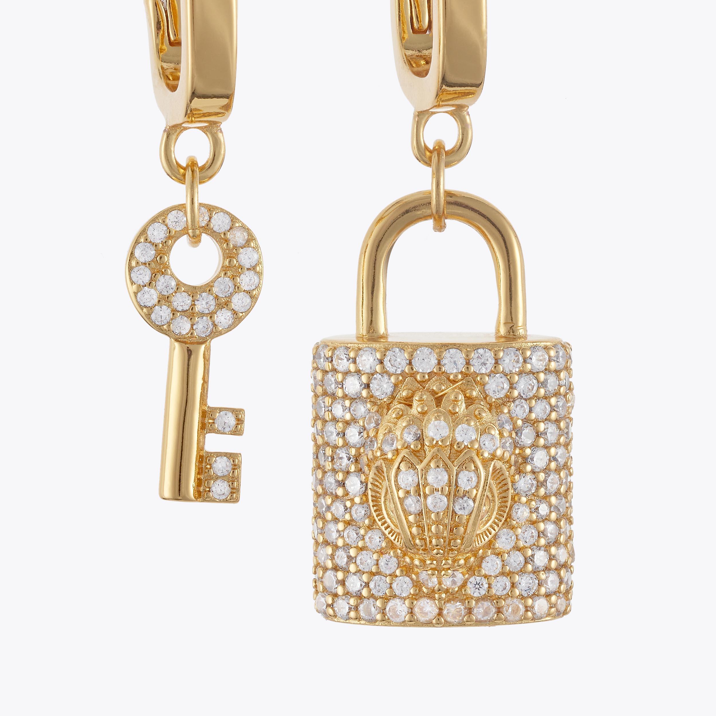 PAVE LOCK KEY EARRINGS Gold pave lock key earrings by KURT GEIGER LONDON