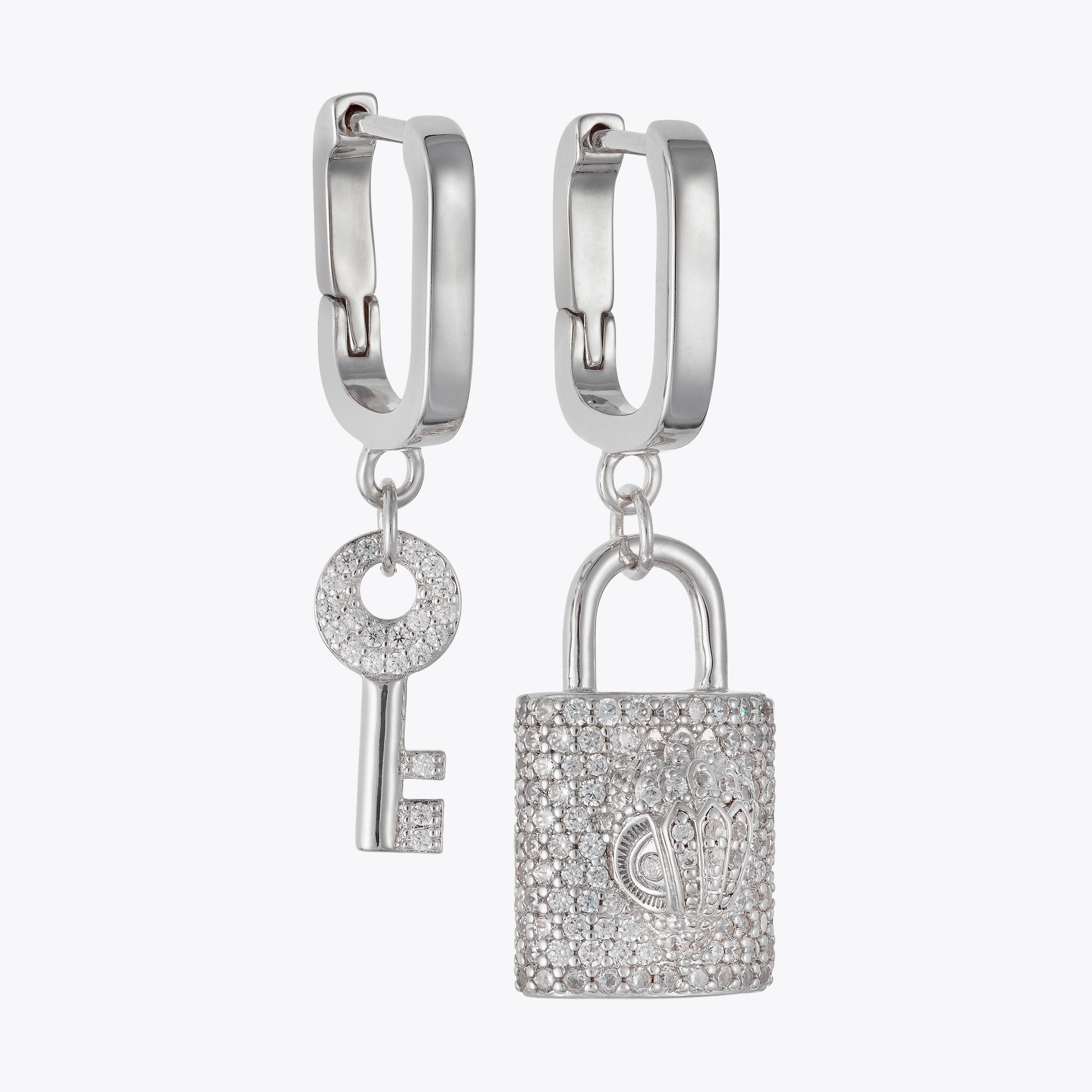 PAVE LOCK KEY EARRINGS Silver pave lock key earrings by KURT GEIGER LONDON
