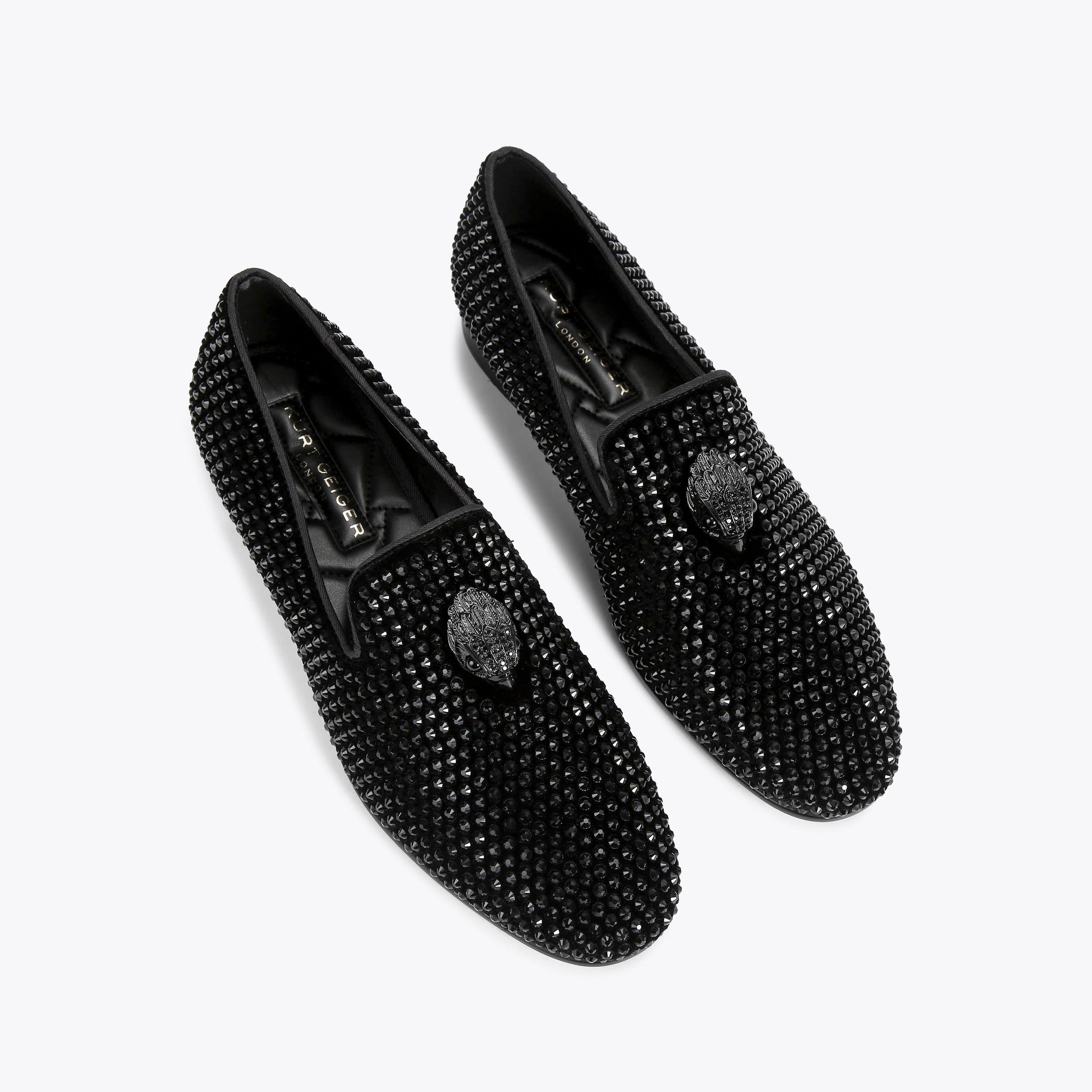 ACE STUD Black Crystal Embellished Eagle Slip On Loafers by