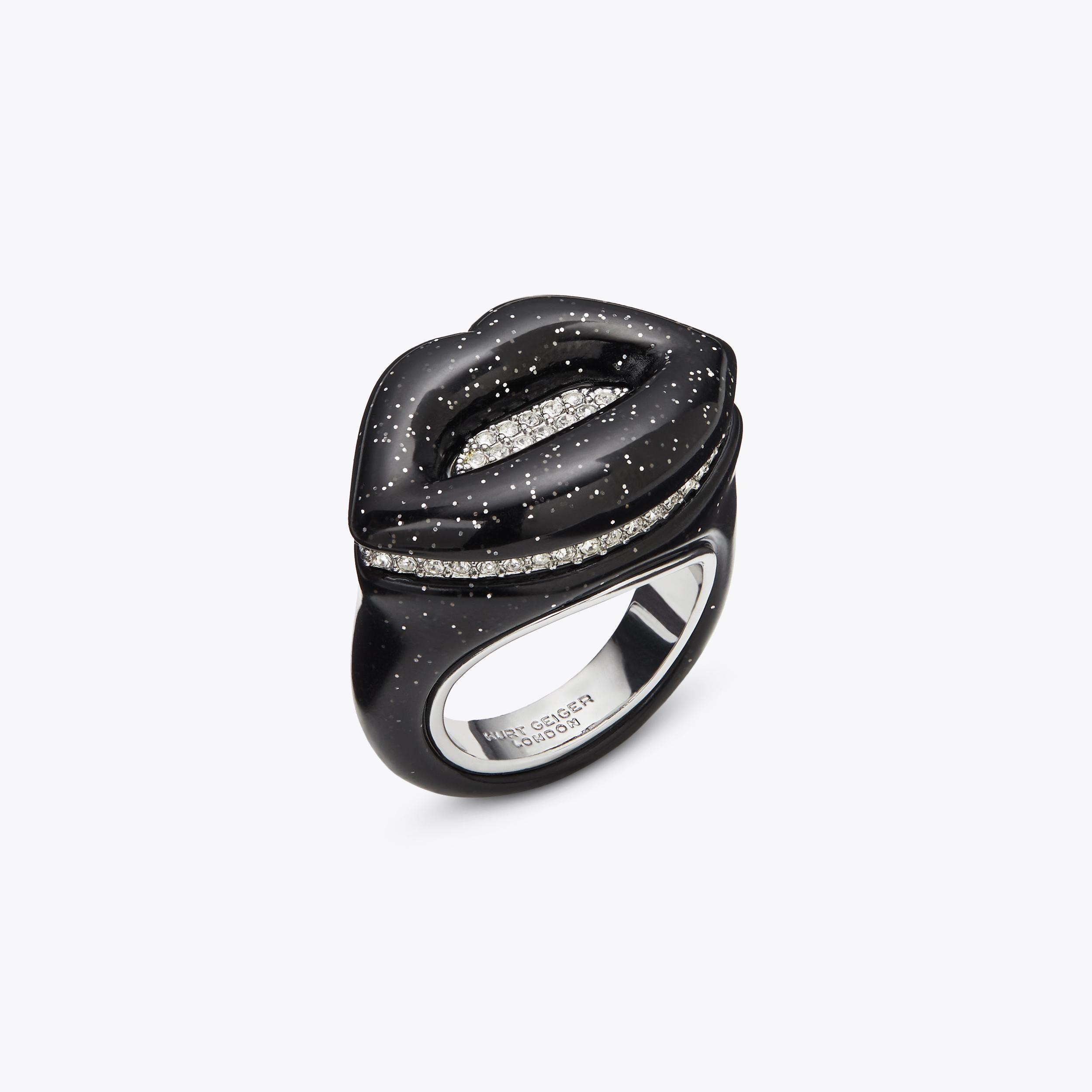 LIPS RING Black Glitter Resin Lips Ring by KURT GEIGER LONDON