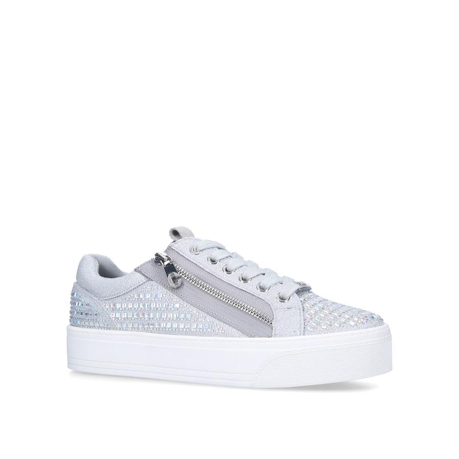 JUNIOR ZIP Silver Glitter Crystal Lace Up Zip Trainers by