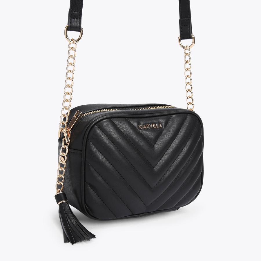 LARA TASSEL X BODY Black Chevron Quilted Cross Body Bag by